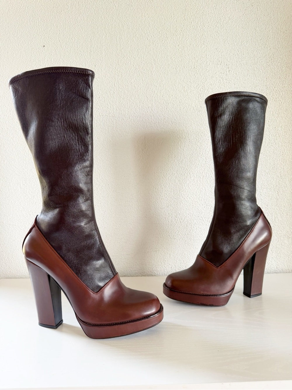 Prada Fall Winter 2006 Two-Tone Brown Leather Platform Sock Boots EU 39.5